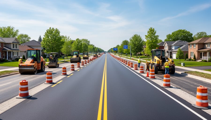 Construction worker inspecting newly completed road with fresh pavement and lane markings