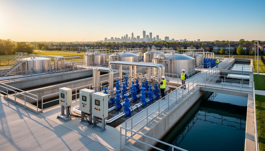 Modern water treatment facility with cylindrical tanks and green landscaping