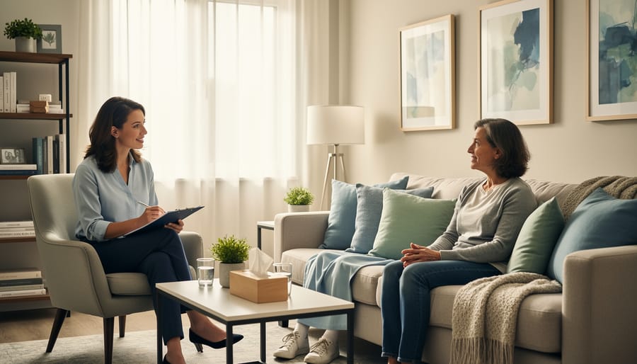 Therapist and clients sitting together in a bright wellness office during a supportive conversation