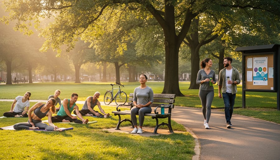 Two people walking slowly in a green park, illustrating preventative wellness and stress-management in nature