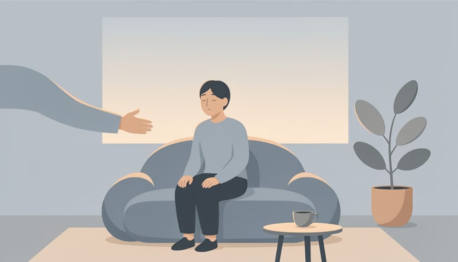 Person quietly pausing near a window with a warm mug and phone nearby, suggesting calm mental wellness and support-seeking