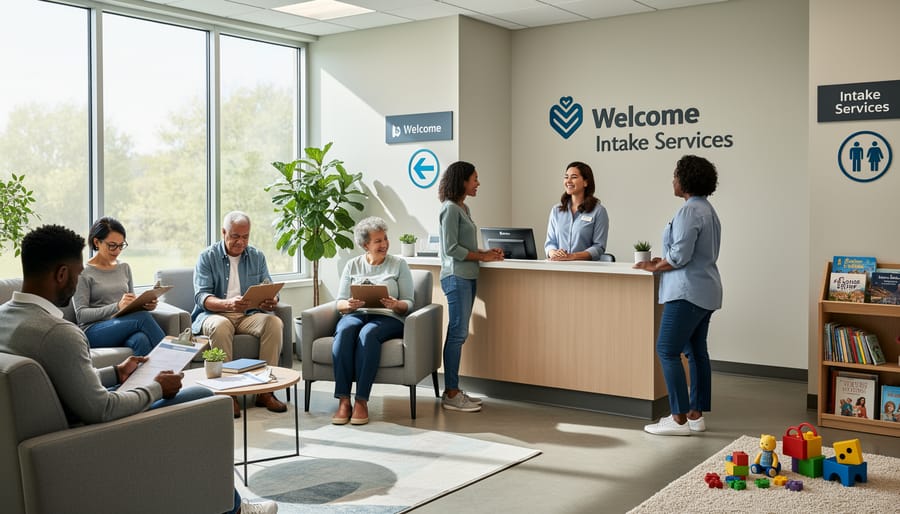 Clinician offering a folder in a calm, modern waiting room with plants and comfortable seating