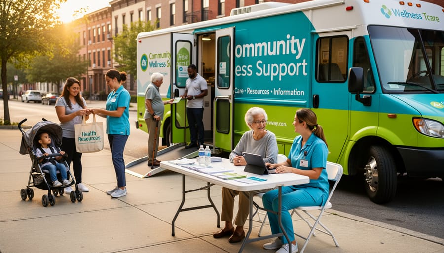 Community health worker assisting a resident while preparing a care kit at an outreach table