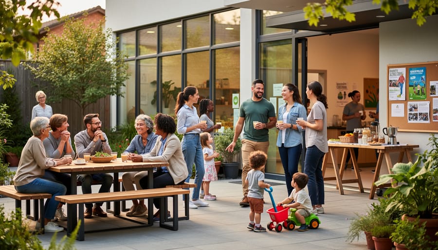 Diverse residents smiling and talking outside a community centre entrance