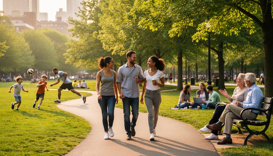 People walking together along a scenic park and rural trail at golden hour
